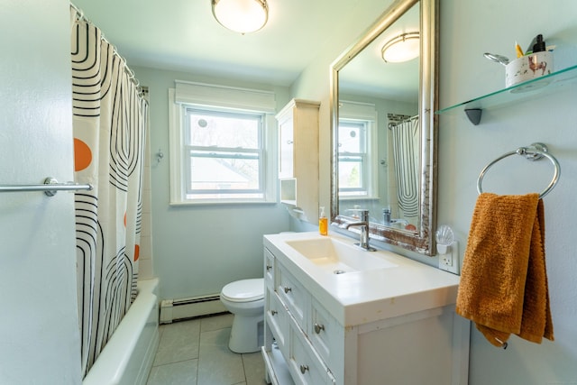 23 Strosberg Rd, Waterford, CT 06385 - bathroom with vanity, toilet, tile patterned floors, shower / bath combination with curtain, and a baseboard heating unit