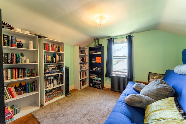 23 Strosberg Rd, Waterford, CT 06385 - living area featuring baseboards, radiator heating unit, and lofted ceiling
