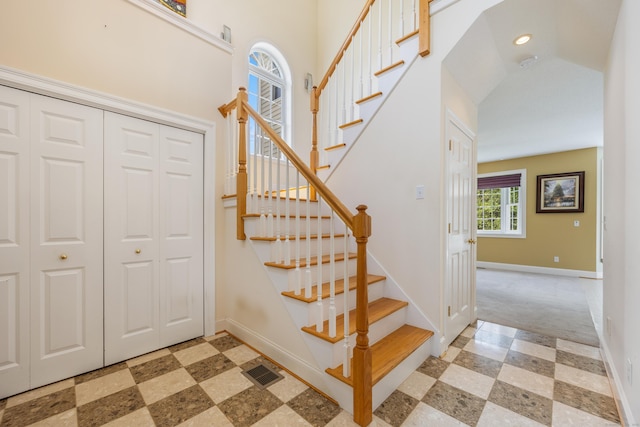 85 Chippenwood Ln, Bristol, CT 06010 - stairway with visible vents, baseboards, recessed lighting, tile patterned floors, and carpet flooring
