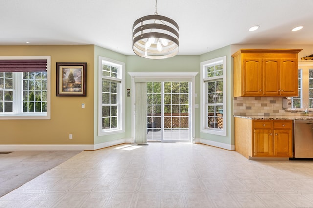 85 Chippenwood Ln, Bristol, CT 06010 - unfurnished dining area featuring baseboards, recessed lighting, and a notable chandelier