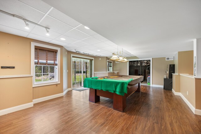 85 Chippenwood Ln, Bristol, CT 06010 - playroom with visible vents, wood finished floors, baseboards, pool table, and rail lighting