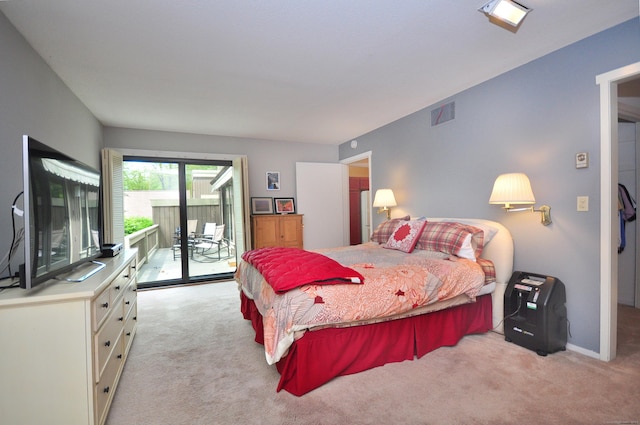 bedroom featuring light carpet, access to exterior, and baseboards
