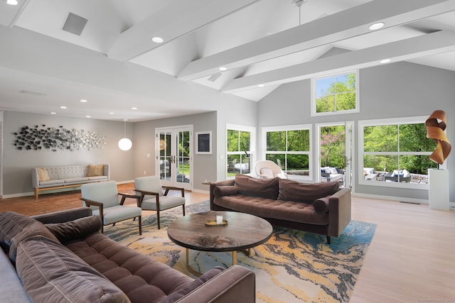 1580 Ponus Rdg, New Canaan, CT 06840 - living area featuring recessed lighting, baseboards, light wood finished floors, healthy amount of natural light, and beamed ceiling
