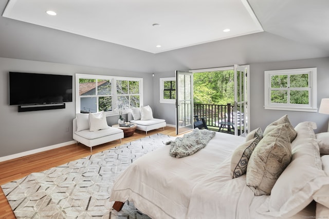 1580 Ponus Rdg, New Canaan, CT 06840 - bedroom with access to exterior, wood finished floors, vaulted ceiling, baseboards, and recessed lighting