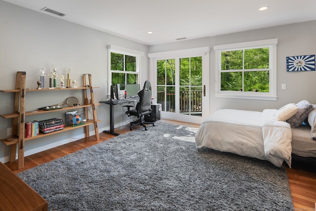 1580 Ponus Rdg, New Canaan, CT 06840 - bedroom featuring access to outside, wood finished floors, a desk, and recessed lighting
