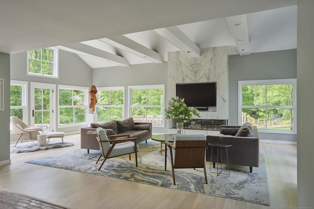 1580 Ponus Rdg, New Canaan, CT 06840 - living area with beamed ceiling, high vaulted ceiling, plenty of natural light, wood finished floors, and baseboards