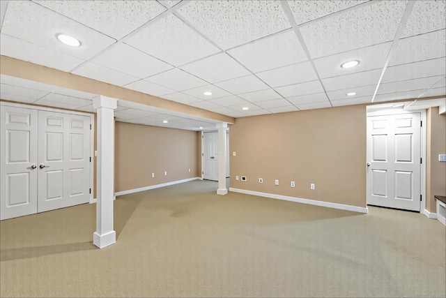 finished basement with carpet floors, recessed lighting, and baseboards