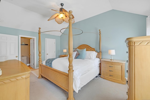 bedroom featuring carpet floors, a ceiling fan, and vaulted ceiling