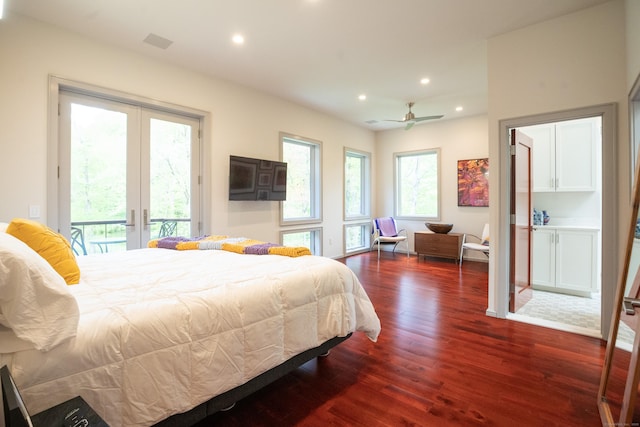 88 Green Ln, Ridgefield, CT 06877 - bedroom with french doors, access to outside, dark wood-style flooring, multiple windows, and recessed lighting