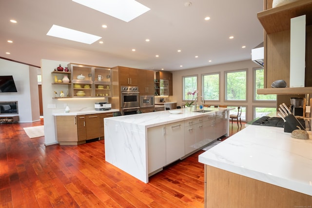 88 Green Ln, Ridgefield, CT 06877 - kitchen featuring a large island with sink, a skylight, open shelves, appliances with stainless steel finishes, and glass insert cabinets