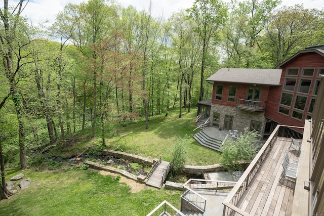88 Green Ln, Ridgefield, CT 06877 - view of grassy yard with stairway and a wooded view