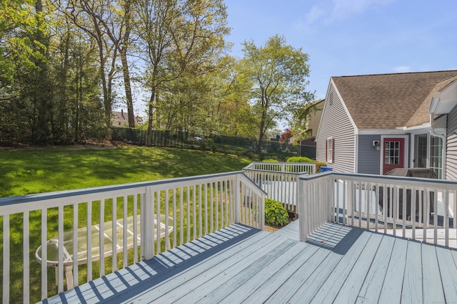 wooden deck with a fenced backyard and a yard