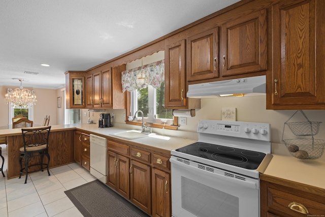 kitchen with plenty of natural light, under cabinet range hood, brown cabinetry, white appliances, and a sink