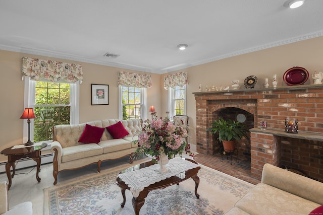 living room featuring ornamental molding, baseboard heating, a fireplace, and visible vents