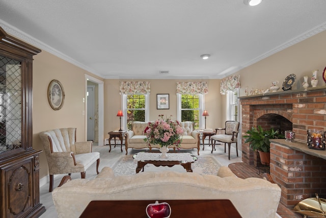 carpeted living room with a fireplace, ornamental molding, and visible vents