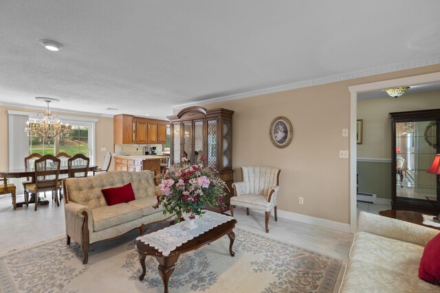 living room with baseboards, a baseboard radiator, ornamental molding, and a notable chandelier