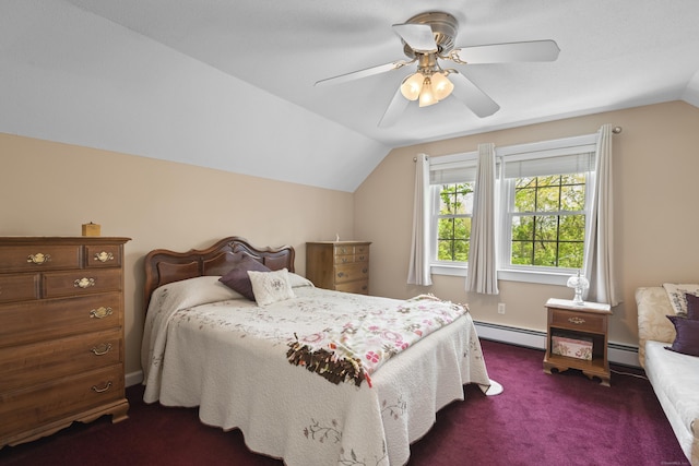 bedroom featuring lofted ceiling, dark carpet, baseboard heating, and a ceiling fan