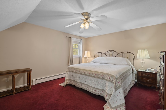 carpeted bedroom with a ceiling fan, a baseboard radiator, and lofted ceiling