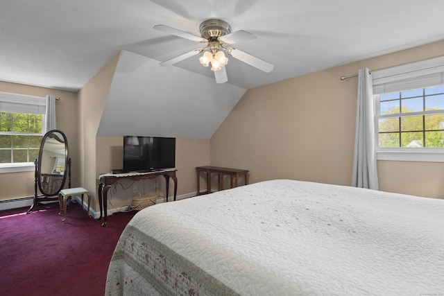 bedroom featuring ceiling fan, lofted ceiling, and carpet floors