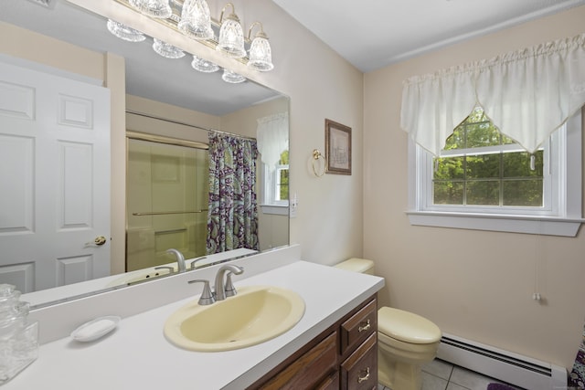bathroom with toilet, a shower with shower curtain, tile patterned flooring, baseboard heating, and vanity