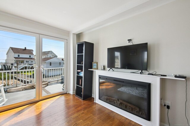 living room with wood finished floors, ornamental molding, and a glass covered fireplace