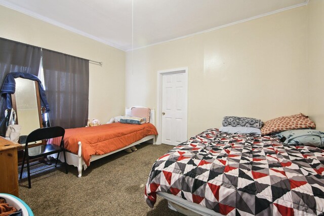 carpeted bedroom with crown molding