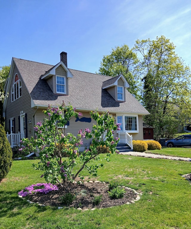 cape cod house with a shingled roof, a chimney, and a front yard