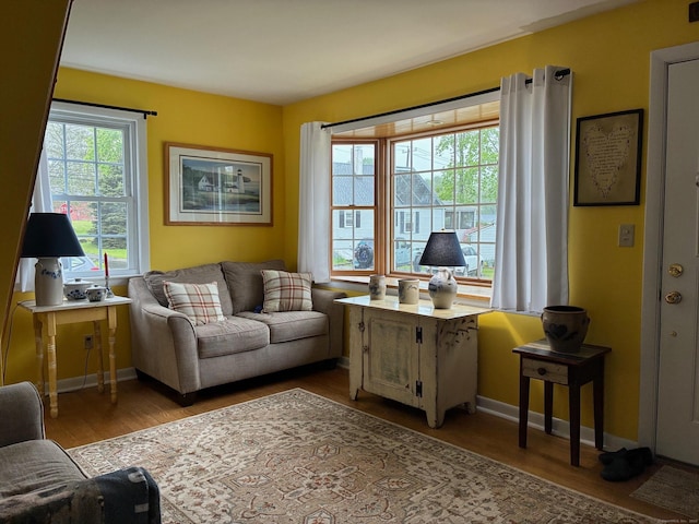 living area featuring wood finished floors and baseboards