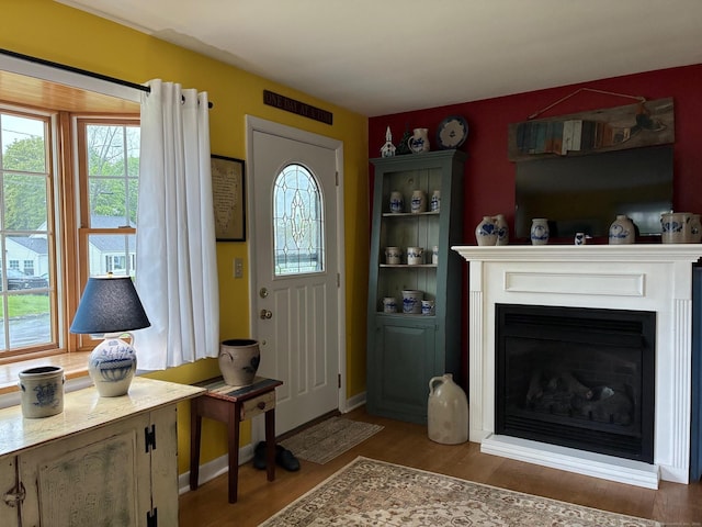 foyer entrance featuring a wealth of natural light, wood finished floors, and a glass covered fireplace