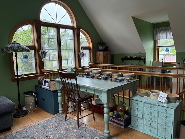interior space featuring vaulted ceiling, plenty of natural light, and wood finished floors