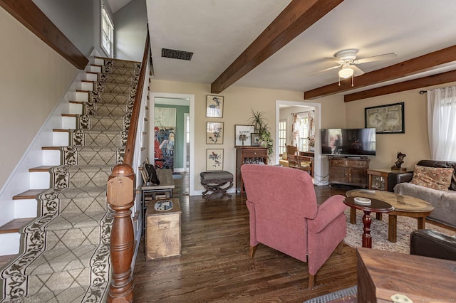 living room with visible vents, beamed ceiling, ceiling fan, dark wood-style floors, and stairway