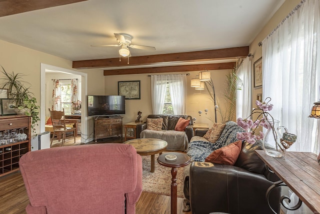 living area with ceiling fan, wood finished floors, and beam ceiling