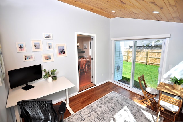 office area featuring wood finished floors, recessed lighting, wooden ceiling, vaulted ceiling, and baseboards