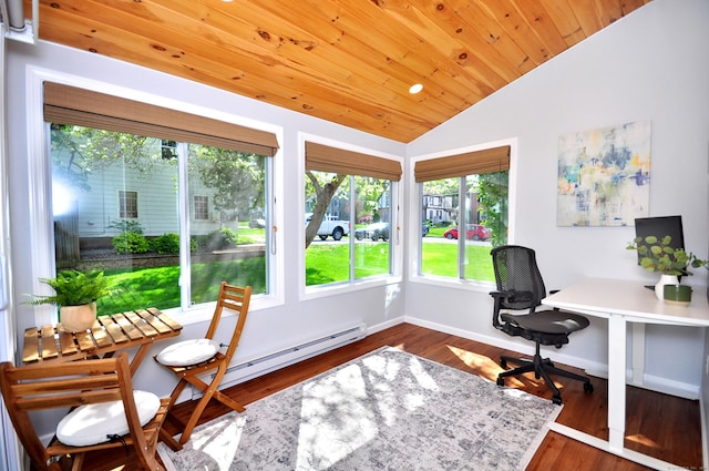 home office featuring wood finished floors, vaulted ceiling, a baseboard radiator, wooden ceiling, and baseboards