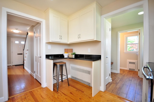 kitchen featuring radiator, light wood-type flooring, and stove