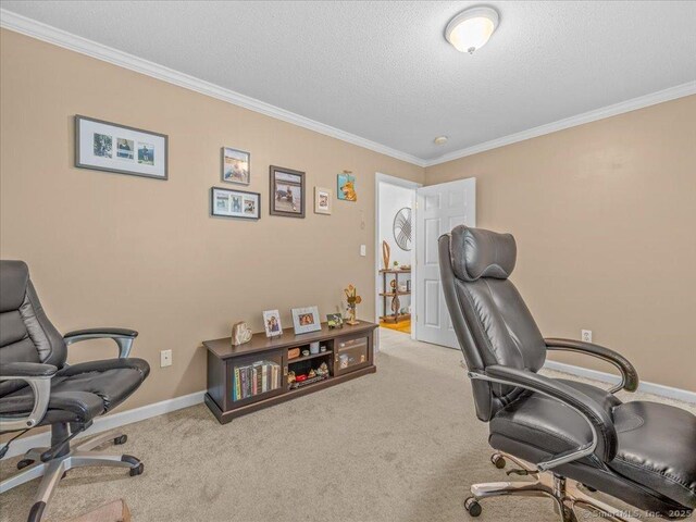 149 Tromley Rd, East Windsor, CT 06088 - carpeted office featuring ornamental molding, a textured ceiling, and baseboards