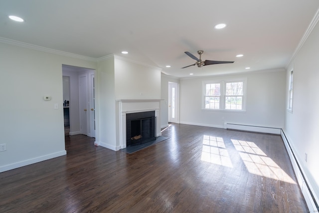 unfurnished living room with a baseboard radiator, dark wood-style flooring, a ceiling fan, and baseboard heating