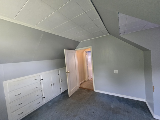 additional living space with lofted ceiling, baseboards, and dark colored carpet