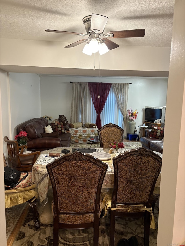 living room with a ceiling fan, a textured ceiling, and wood finished floors