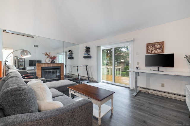 7 Copper Hill Dr Unit 7, Guilford, CT 06437 - living room with baseboard heating, high vaulted ceiling, plenty of natural light, and wood finished floors