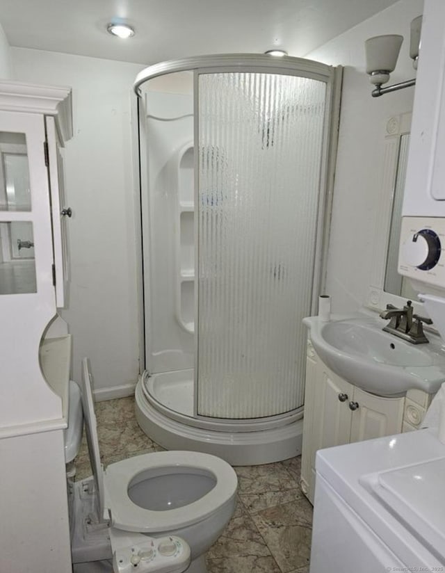 1067 Hartford Tpke, Waterford, CT 06385 - full bathroom featuring vanity, a stall shower, and marble finish floor