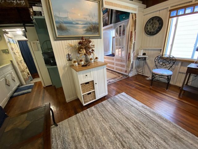 interior space with dark wood-type flooring and wooden walls