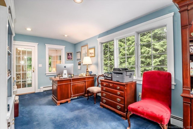 399 N Benson Rd, Fairfield, CT 06824 - office space featuring baseboard heating, dark colored carpet, healthy amount of natural light, recessed lighting, and a baseboard heating unit
