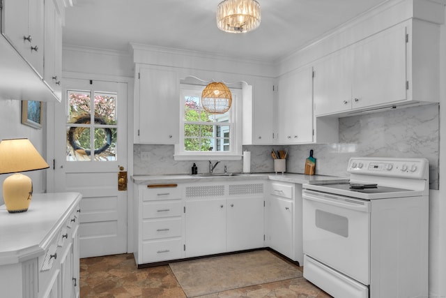 kitchen with white electric range oven, stone finish floor, decorative backsplash, and a sink