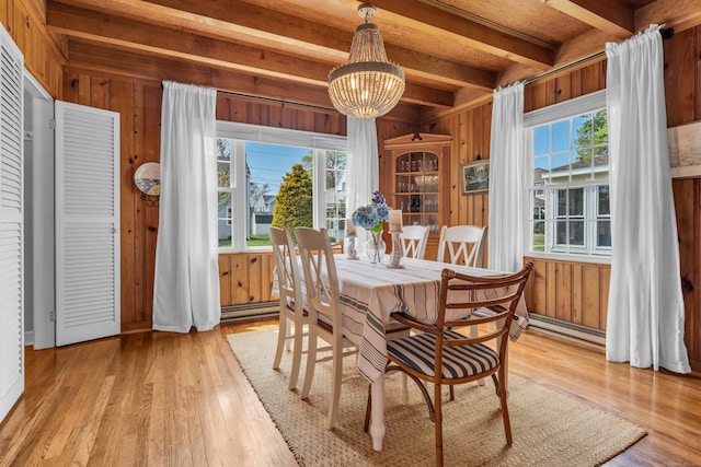 dining area with baseboard heating, wooden walls, a chandelier, hardwood / wood-style flooring, and beam ceiling