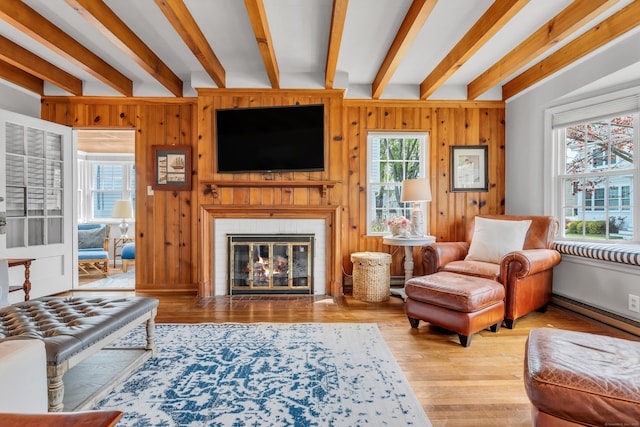 living room with a wealth of natural light and beamed ceiling