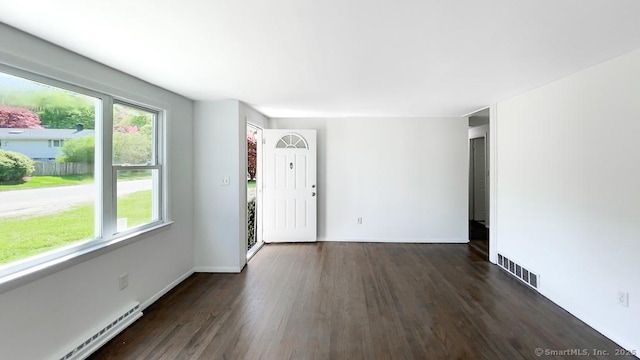 76 Midway Dr, Bethel, CT 06801 - unfurnished living room featuring baseboards, dark wood-type flooring, visible vents, and a baseboard heating unit