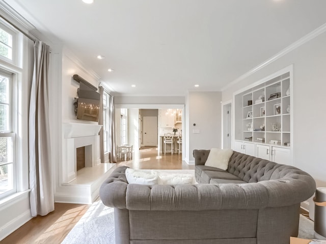 living room featuring crown molding, wood finished floors, baseboards, recessed lighting, and a premium fireplace