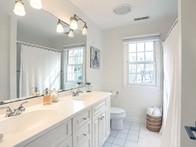 full bathroom with toilet, tile patterned floors, visible vents, and a sink