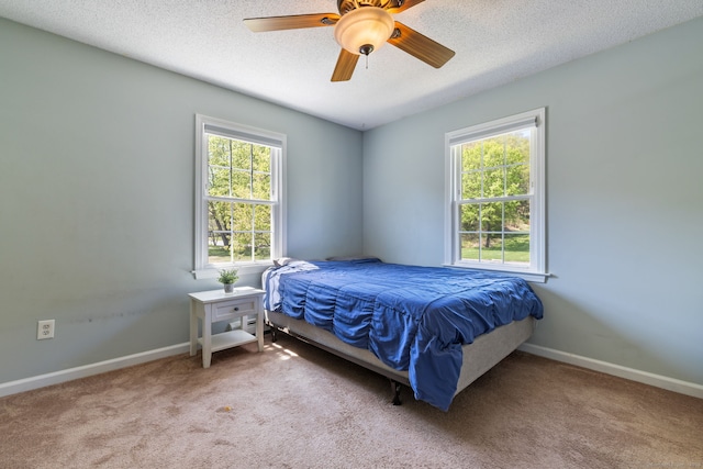 carpeted bedroom with a textured ceiling, baseboards, and multiple windows